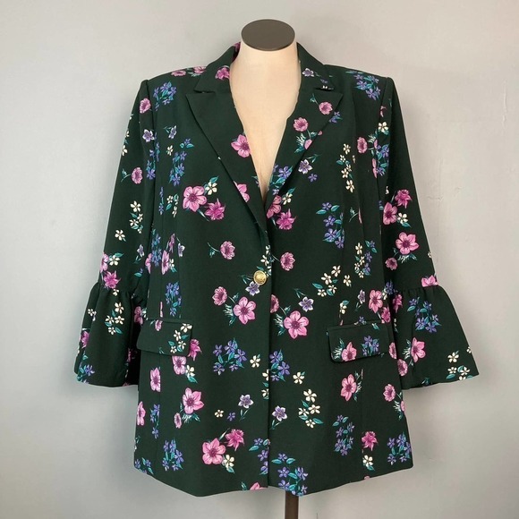 LANE Bryant The Bryant Blazer Green Floral 3/4 Flare Bell Sleeve Size 20 Jacket - Picture 15 of 15